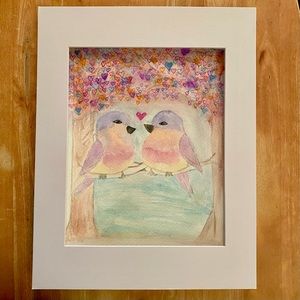 Love Birds original hand painted watercolor art plus a Mat for an 11x14 frame